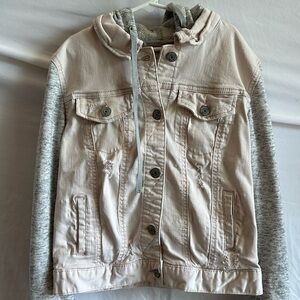Super cute light pink denim, jacket, hoodie, destructed, size S. Bundle & save!